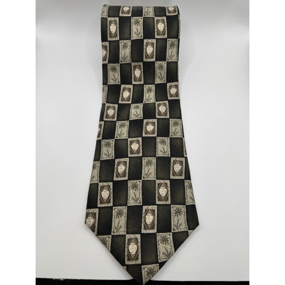 Oleg Cassini Mens Silk Tie Olive Green Tan Geometric Checkerboard Pattern 4 Inch